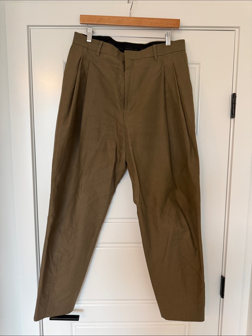 Acne Studios Men's Olive Green Pleated Dress Pants heavy cotton.